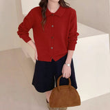 Single Row Multi-Buckle French POLO Collar Knitted Cardigan Sweater Retro Lazy Casual Free Knitted Coat
