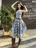 Xinjiang Yunnan Holiday Tourism Wearing Skirt Irregular Lattice Dress Women's Summer Slings Long Skirt