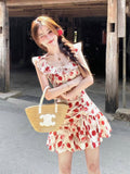 French Holiday Wind Red Small Flying Sleeves Shredded Flower Dress Women Summer Small Man To Collect Waist Thin Beach Short Skirt