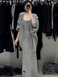 Autumn And Winter Lazy Wind Relaxation Knitted Three-Piece Set Of Women's New Medium And Long Knitted Open Shirt Sling Half-Body Set