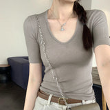 Mint Green Knitted Top Women's Summer 2025 New Thin U-Neck Fashion Fashion Slim Slim Slim Short-Sleeved T-Shirt
