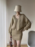 Sweater Suit Women's Autumn And Winter V Collar Languid Wind Relaxed Feeling Bat Sleeve Knitted Blouse Skirt Two-Piece