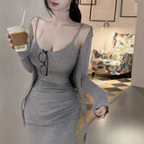 Spring And Autumn Pure Desire To Tighten The Small Sling Vest T-Shirt Round-Neck Temperament Long-Sleeved Open Shirt Set Two Sets Of Women