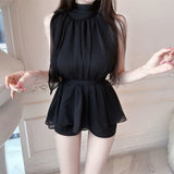 Summer New Temperament Age-Old Pure Desire High-End Blouse Han Thin Hanging Neck Tie Waist Chiffon T-Shirt Girl