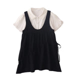 Summer New Girl Sweet Doll Shirt Loose Round Tie With Black Strap Skirt