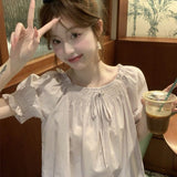 Bubble Sleeves Age-Reduced Lace Side Short-Sleeved Shirt Women Summer Lace With Loose Blouse Bubble Sleeve Top