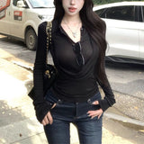 Design-Sensitive Solid Color 2025 Temperamental Holiday Two Long-Sleeved T-Shirt Women's Autumn Slimming Top
