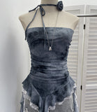 Real Shot With Hanging Neck Flower Braid Vest Dye Mesh Irregular Lace Ribbon Sleeveless Top 1596