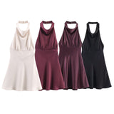 Autumn New Silk Stise-Sensitive Hanging Neck Short Dress 9106331