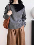 Design Sense Of Color Big Collared Knitted Shirt Women Autumn And Winter Temperament Irregular Zipper Sweater Tide