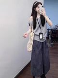Lazy Commuting Leisure Sports Suit Women's Summer Slanted Shoulders Short-Sleeved T-Shirt Loose Lattice Broad Leg Pants Two-Set