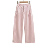 Linen Broad Leg Trousers Women's 2026 Summer New Casual Pure Color High-Waisted Folded Pocket Loose Straight Trousers