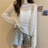 Spring And Autumn 2025 Knitted Shirt Thin Hollow Top Women's Long Sleeves Loose Breathable Coat Grid Simple Match