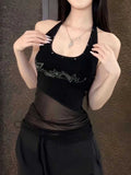 Pure-Want-Style Sexy Black Mesh Hanging Neck Vest Women Summer New Wear Sweet Cool Hottie Sleeveless Top