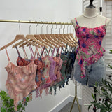 Real Shoot À±tie Bra Irregular Sling Sling Vest Slimming Print Mesh Sleeveless Top 8950