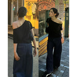 The Star With The Same Oblique Shoulder Shoulder Two Loose Short-Sleeved T-Shirts Women's Summer Thin Thin Blouse