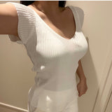 Brown Coffee Double V Collar Slim Thin Knitted Shirt Cover Sleeve Short Sleeve Top Of South Korea's New Spring And Summer Body Sexy