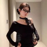 Slanted Shoulder Long Sleeve Bottom Shirt Women Open Shoulder To Shoulder Thin Tops 2025 New Autumn Shoulder Gas Repair Inside