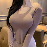 Large Round Collar Tightness Showing Thin Long Sleeve Bottom Shirt Showing Large Body Round Under The Fork Blouse Elastic Spring And Autumn