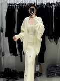 Autumn And Winter Lazy Wind Relaxation Knitted Three-Piece Set Of Women's New Medium And Long Knitted Open Shirt Sling Half-Body Set