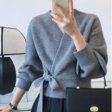 French Retro V Tie Loose Outer Knitted Cardigan Design Sweater Coat Femininity