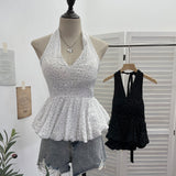 Real Shooting Wave Point Hanging Neck Sling Vest Bare Back Bow Skirt Swollen Belly Thin Sleeveless Top 9260