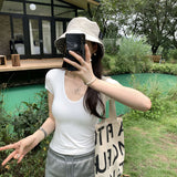 Korean Super-Look U-Neck Shoulder Short-Sleeved T-Shirt Girl 2025 Summer Thin Slimming Unique Beautiful Blouse