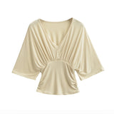 Bat Long-Sleeved Deep V-Neck T-Baender 2026 Summer New Hot Girl Windy Loose Waist Wrinkled Folding Top