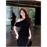 French Oblique Shoulder Dress Sexy Long Temperament Waist And Shoulder Folding Bag Hips Open Forked Senior Sense Skirt