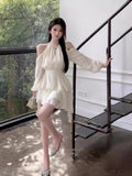 French Temperament Sexy Shoulder Hanging Neck Lotus Side Waist Chiffon Dress Women 2026 Summer New Dress