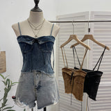 Real-Hand Washing Denim With Bow Strap Sling Vest Irregular Hairy Short Sleeveless Topsuit 8918