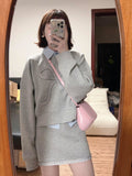 Casual Suit Female Gray Age-Relay Bowed Tsets Striped Shirt Shirt Early Autumn High Waist Half-Dress Three-Piece Set