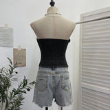 Real Shooting Denim Bra Vest Bump Color With Bow Wood Ear With Chest Cushion Short Sleeveless Top 2866