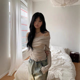 Autumn And Winter New Temperament Collar Open Shoulder Collar Soging Two Pure Lust Long-Sleeved T-Shirt Girl Ins