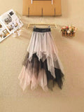 Irregular Net Dress Women Color Splicing Colliding Color A-Character Skirt Cake Fluffy Skirt Long Half-Body Skirt