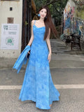 Early Summer Beauty Holiday Style French Design Tie Dye Blue Sling Dress Women 2026 Summer New Long Dress
