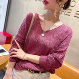 Spring 2025 Spring V-Necked Crochet Knitted Shirt Women Loose Thin Loose-Fitting Short Top