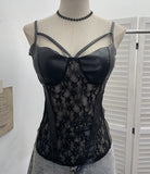 Spiced Lace Pu Skin Spliced With Chest Cushion Perspective Sling Vest Back Blouse 1375