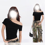2025 New Black Korean Version Of Irregular Slanted Shoulder Short-Sleeved T-Shirt Girls Summer Design Feel Hottie Repair Body