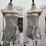Real Shooting Rivet Belt Splicing Wave Point Mesh Cross Irregular Ribbon Sleeveless Vest Hottie Top 23760