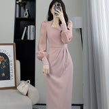 2025 Spring Long Sleeve French Waist Design Sense Of Medium Long Temperament New Square Neck Display Thin Dress Casual