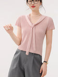 Grey Ribbon Strap Ice Silk Short-Sleeved Knitted Shirt Summer 2025 New Body-Cuff Hollow Shirt Solid Color Top
