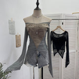 Real Shot One-Word Shoulder Rivet Splicing Dizzy Net Yarn Irregular Long-Sleeved Top Short Repair Hottie T-Shirt 1299