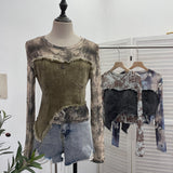 Solid Shooting Tie-Dye Print Spliced Denim T-Shirt Girl Autumn Design Sense Irregular Hair Side Short-Sleeved Top 2617