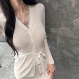 Spring New V-Neck Belt Temperament Thin Micro-Permeable Top Korean Linen Long-Sleeved Knitted T-Shirt Woman