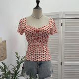 Love Print Small Bow Net Collar Folded Body Elastic Short-Sleeved T-Shirt 28313