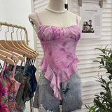 Real Shoot À±tie Bra Irregular Sling Sling Vest Slimming Print Mesh Sleeveless Top 8950