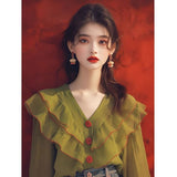French Green Lotus Leaf-Side Shirt Women's Autumn 2025 New Niche Long-Sleeved Shirt V-Neck Top Temperament Elegant