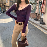 Lyselle Silk Wool Pure Desire To Ripen Niche Twisting V-Neck Purple Inside The Bottom Shirt Women's Winter New Top