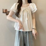Butterfly Tie With Loose Shoulder Short-Sleeved Shirt For Women's Summer French Mint Green Shirt With Lean Top